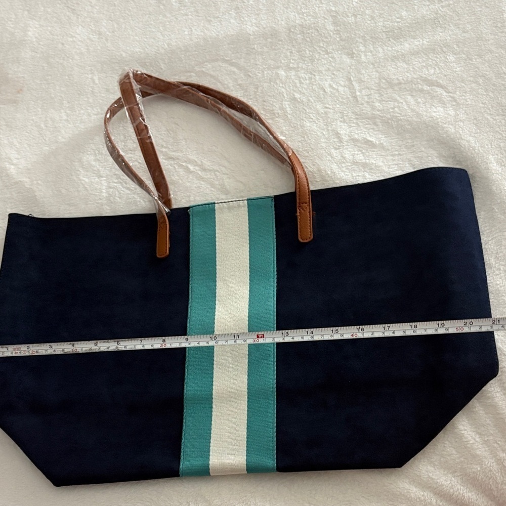 Chic Navy Tote with Teal and White Stripe - Picture 2 of 4